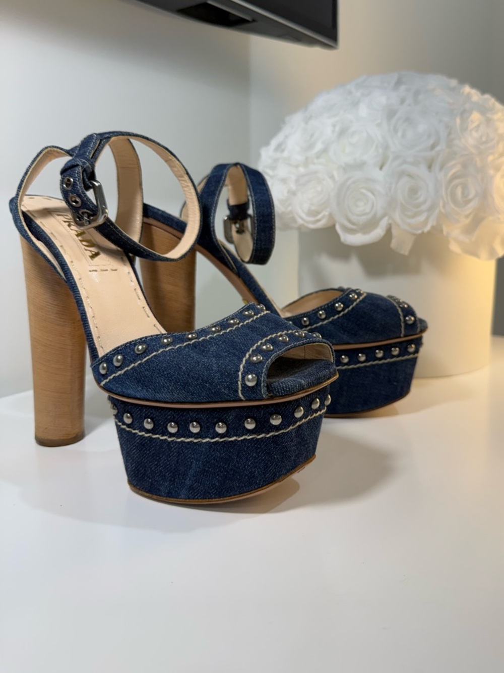 Prada Denim Platform Heels Studded Sandals | Ankle Strap | Made in Italy 35.5